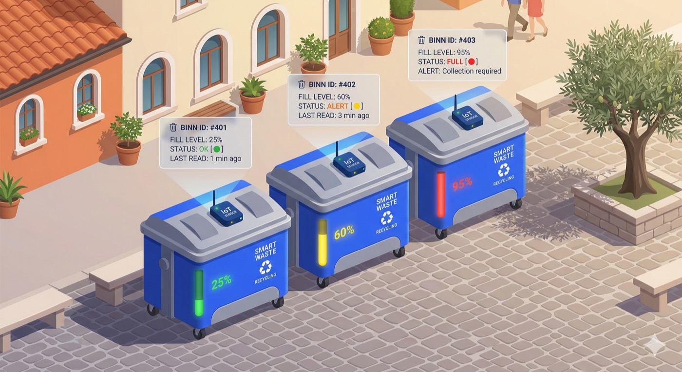 Smart IoT waste bins with fill-level sensors in an Italian piazza
